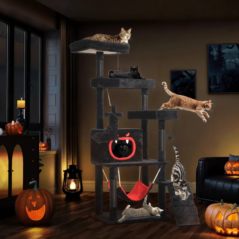 63″ Gothic Upgrade Heavy Duty Tall Cat Tree Tower with Hammock Observation Perch and Cavern for Halloween